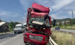 Bursa'da kamyonun çarptığı TIR, yol kenarındaki çalılığa devrildi