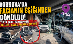 Bornova’da facianın eşiğinden dönüldü! TIR’ın çarptığı otomobil galeriyi savaş alanına çevirdi