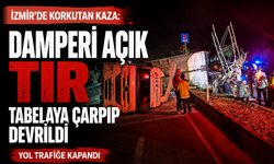 İzmir’de korkutan kaza: Damperi açık TIR tabelaya çarpıp devrildi