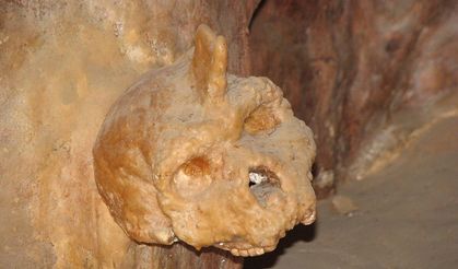 Mağara duvarına kaynaşmış kafatası