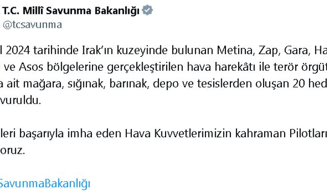 MSB: Irak'ın kuzeyinde PKK'ya ait 20 hedef vuruldu