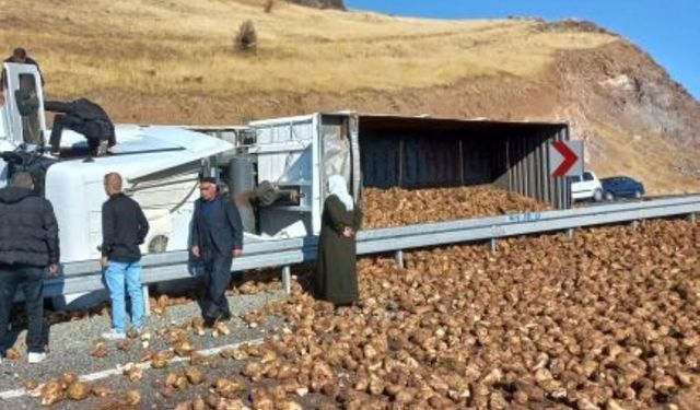 TIR devirdi, tonlarca pancar yola saçıldı