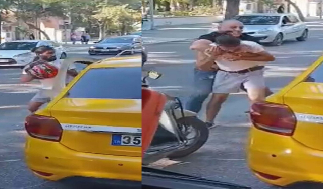 İzmir'de trafikte korkutan anlar: Kurye ile taksi şoförü kasklı kavgaya tutuştu