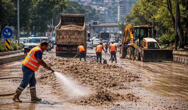 İzmir’de bu güzergahta yola çamur döküldü: Temizleme çalışmaları sürüyor