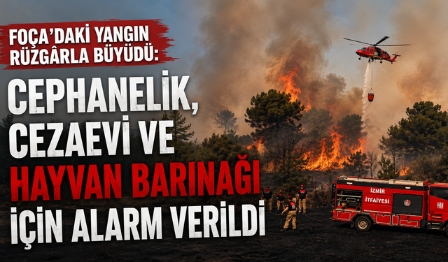 Foça’daki yangın rüzgârla büyüdü: Cephanelik, cezaevi ve hayvan barınağı için alarm verildi