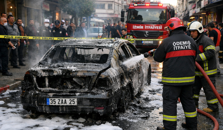 Ödemiş'te korku dolu anlar: Park halindeki otomobil alev alev yandı