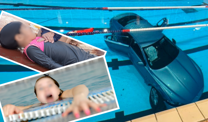 Anne ile kızı arabayla havuzda can savaşı