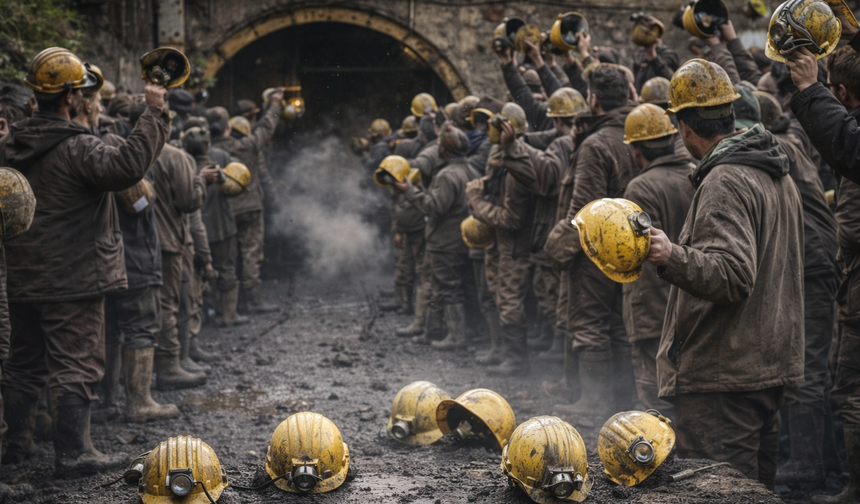 Maden emekçilerinden baretli eylem