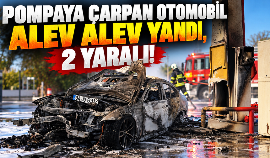 Pompaya Çarpan Otomobil Alev Alev Yandı, 2 Yaralı