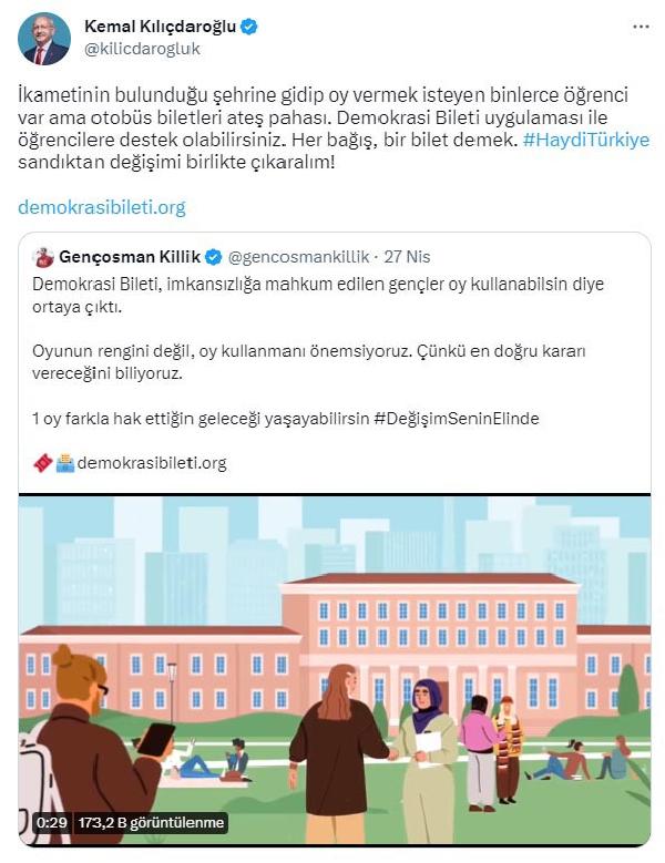 Kılıçdaroğlu'ndan oy kullanacak gençlere 'Demokrasi Bileti'