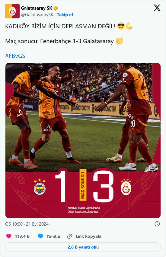 Screenshot 2024 09 21 At 22 50 26 Galatasaray Maç Sonucunu 'Kadıköy Bizim Için Deplasman Değil' Diyerek Duyurdu Tele1