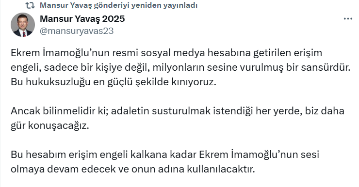 Mansur Yavastan Ekrem Imamogluna Destek Kampanya Hesabini Devretti