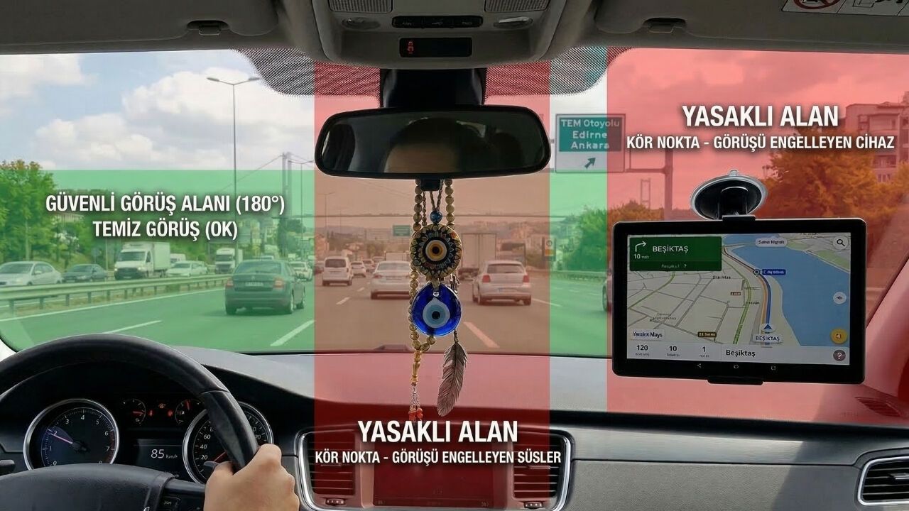 Sürücü Görüş Alanını Engelleyen Yasaklı Multimedya Ekran Montaj Ve Araç Aksesuarları.